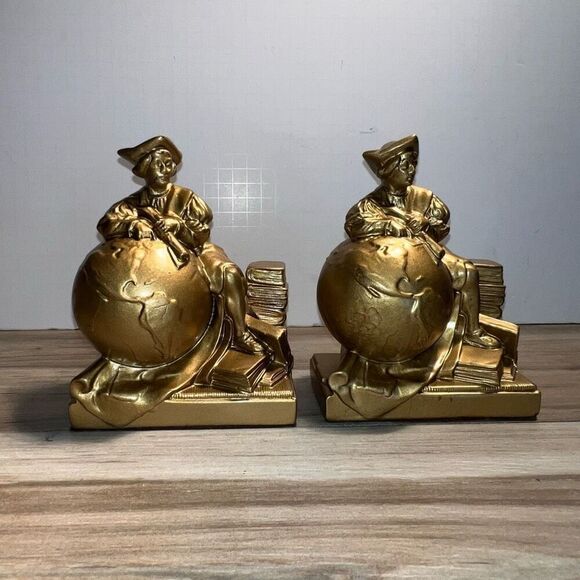 Vtg PAIR PM Craftsman Brass Founding Fathers ColonialGlobe World Book Bookends